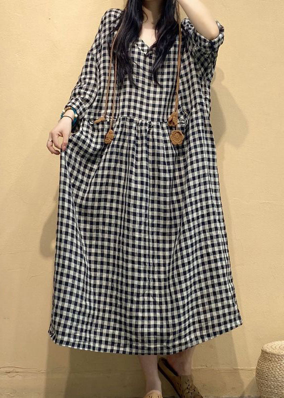 Big Plaid Pockets Linen Dress V Neck Long Sleeve AU1055 MZF-240903