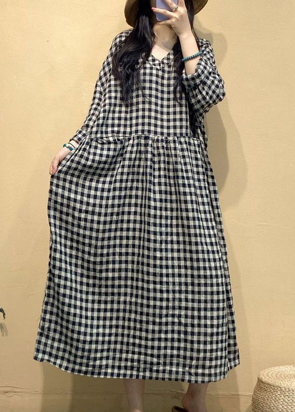 Big Plaid Pockets Linen Dress V Neck Long Sleeve AU1055 MZF-240903