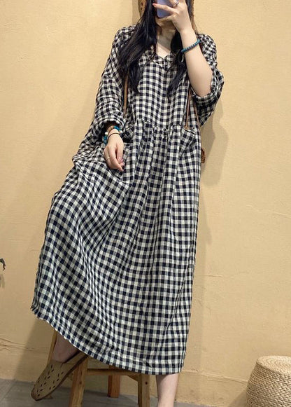 Big Plaid Pockets Linen Dress V Neck Long Sleeve AU1055 MZF-240903