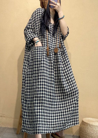 Big Plaid Pockets Linen Dress V Neck Long Sleeve AU1055 MZF-240903