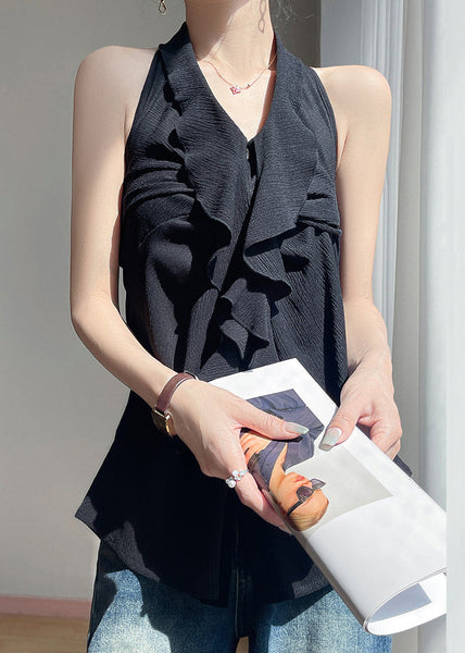 Black Ruffled Cotton Button Summer Backless Blouses FashionChic