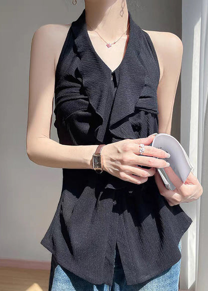 Black Ruffled Cotton Button Summer Backless Blouses FashionChic