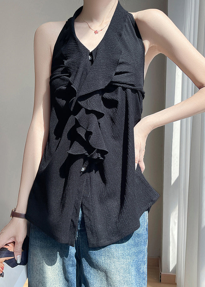 Black Ruffled Cotton Button Summer Backless Blouses FashionChic
