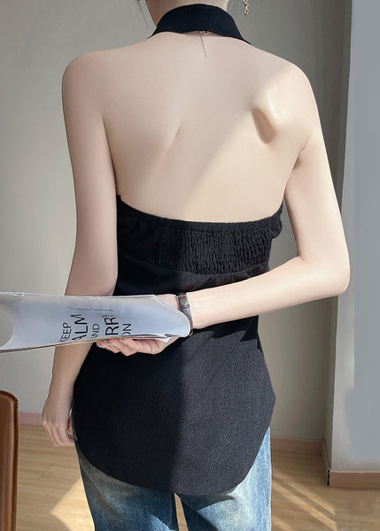 Black Ruffled Cotton Button Summer Backless Blouses FashionChic