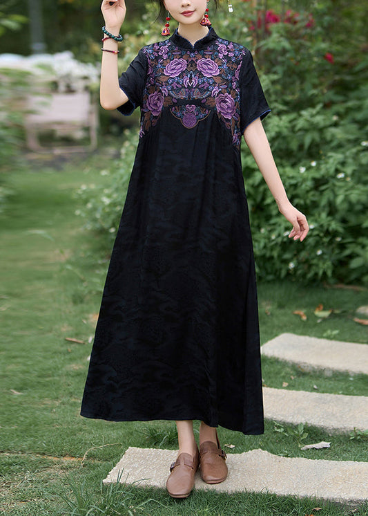 Black Bohemian Silk Dress Embroidered Stand Collar Summer WW1017 Ada Fashion