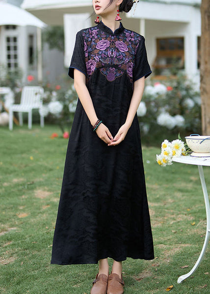 Black Bohemian Silk Dress Embroidered Stand Collar Summer WW1017 Ada Fashion