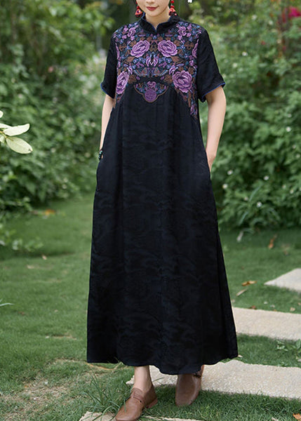Black Bohemian Silk Dress Embroidered Stand Collar Summer WW1017 Ada Fashion