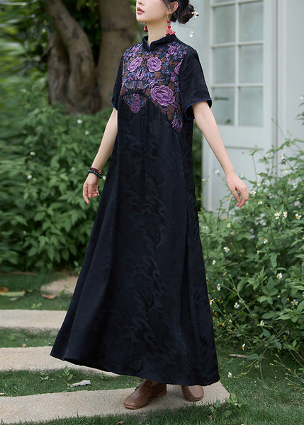 Black Bohemian Silk Dress Embroidered Stand Collar Summer WW1017 Ada Fashion