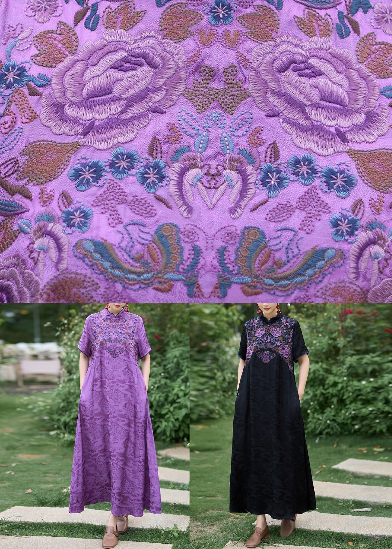 Black Bohemian Silk Dress Embroidered Stand Collar Summer WW1017 Ada Fashion