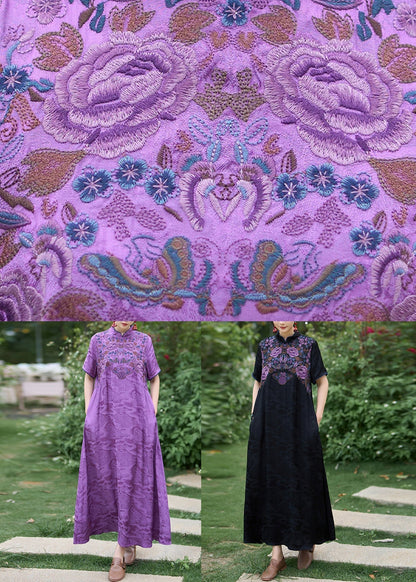 Black Bohemian Silk Dress Embroidered Stand Collar Summer WW1017 Ada Fashion