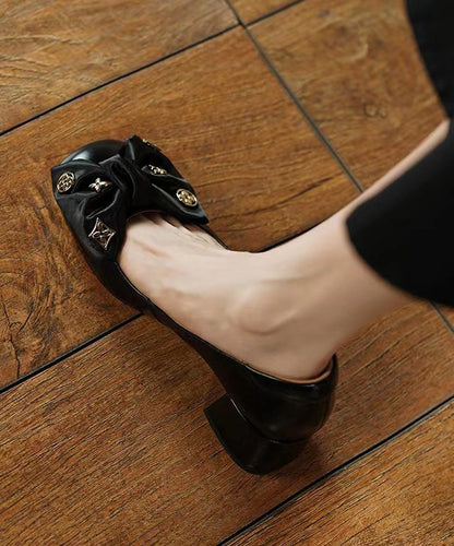 Black Bow Loafers For Women Chunky Heel Faux Leather QK027 shoe-GGX241013