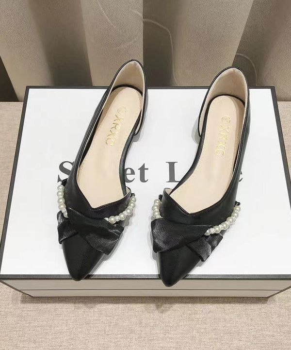 Black Bow Pearl Splicing Boutique Flat Shoes Pointed Toe XC1053 Ada Fashion