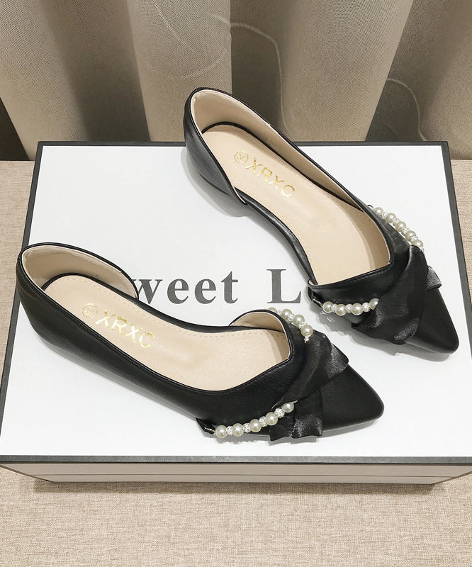 Black Bow Pearl Splicing Boutique Flat Shoes Pointed Toe XC1053 Ada Fashion