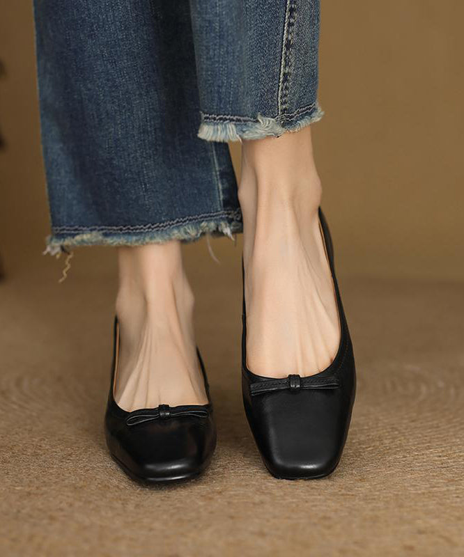 Splicing Black Flats Cowhide Bow Leather Comfortable FashionChic