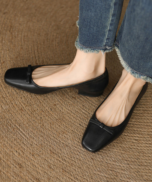 Splicing Black Flats Cowhide Bow Leather Comfortable FashionChic