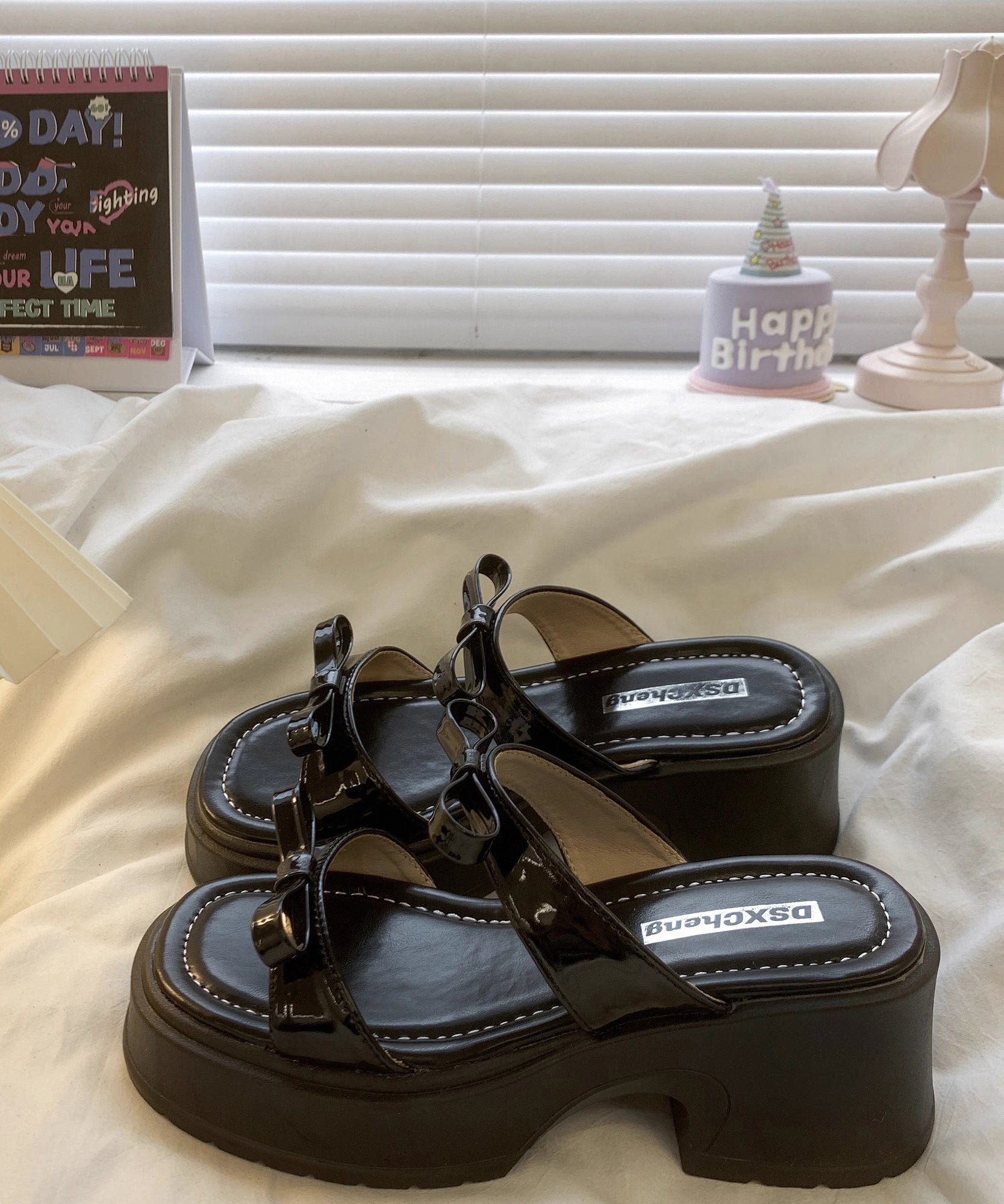 Slide Leather Black Stylish Sandals Faux Bow Chunky Splicing FashionChic