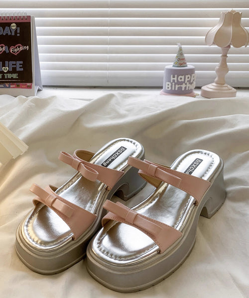 Slide Leather Black Stylish Sandals Faux Bow Chunky Splicing FashionChic