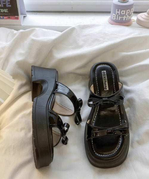 Slide Leather Black Stylish Sandals Faux Bow Chunky Splicing FashionChic