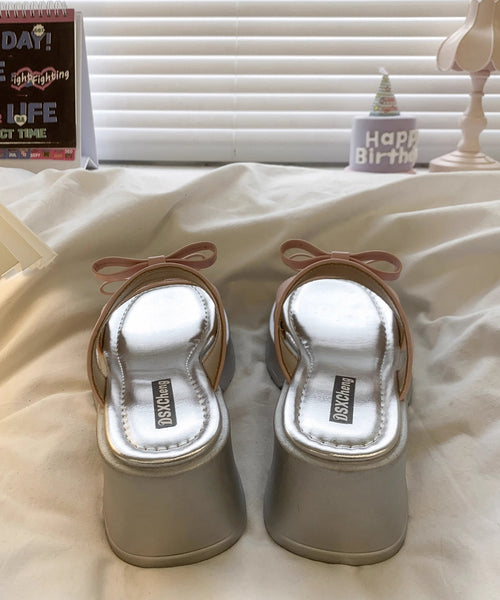 Slide Leather Black Stylish Sandals Faux Bow Chunky Splicing FashionChic