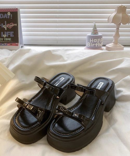 Slide Leather Black Stylish Sandals Faux Bow Chunky Splicing FashionChic