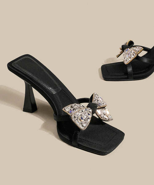 High Splicing Sandals Heel Bow Zircon Black Slide FashionChic