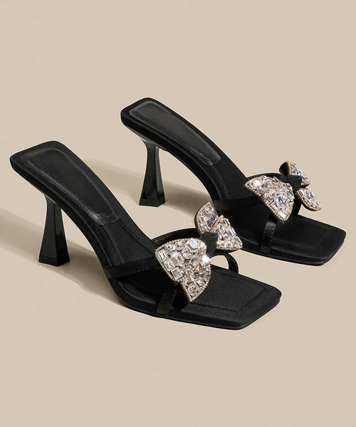 High Splicing Sandals Heel Bow Zircon Black Slide FashionChic