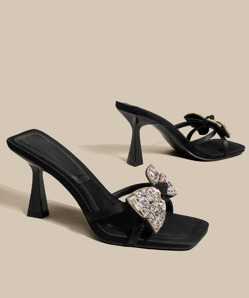 High Splicing Sandals Heel Bow Zircon Black Slide FashionChic