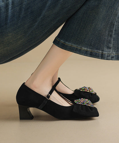 Suede Strap Zircon Buckle High Chunky Black Bow Heels Splicing FashionChic