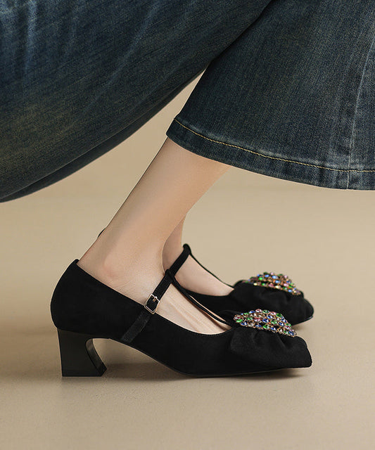 Suede Strap Zircon Buckle High Chunky Black Bow Heels Splicing FashionChic