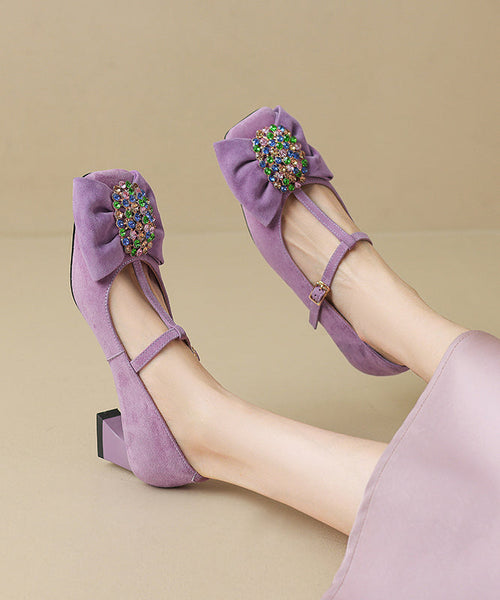 Suede Strap Zircon Buckle High Chunky Black Bow Heels Splicing FashionChic