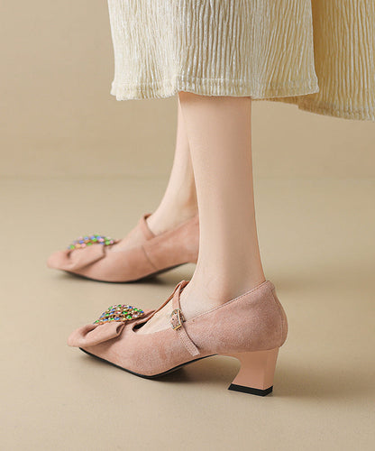 Suede Strap Zircon Buckle High Chunky Black Bow Heels Splicing FashionChic