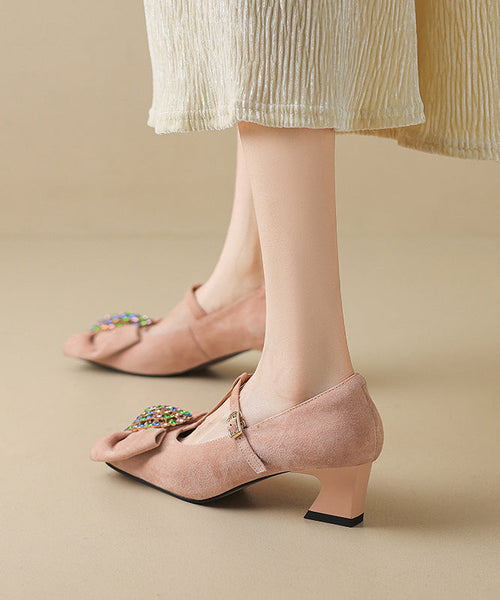 Splicing Suede Chunky Zircon High Buckle Black Bow Heels Strap FashionChic