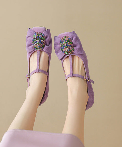 Suede Strap Zircon Buckle High Chunky Black Bow Heels Splicing FashionChic