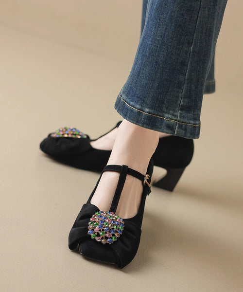 Suede Strap Zircon Buckle High Chunky Black Bow Heels Splicing FashionChic