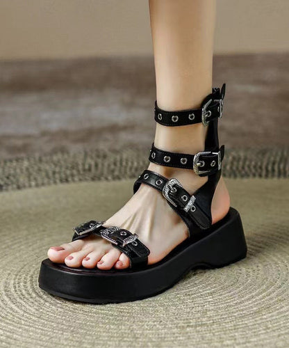 Black Buckle Strap Splicing Platform Roman Sandals Peep Toe JJ085 Shoe-LX240609