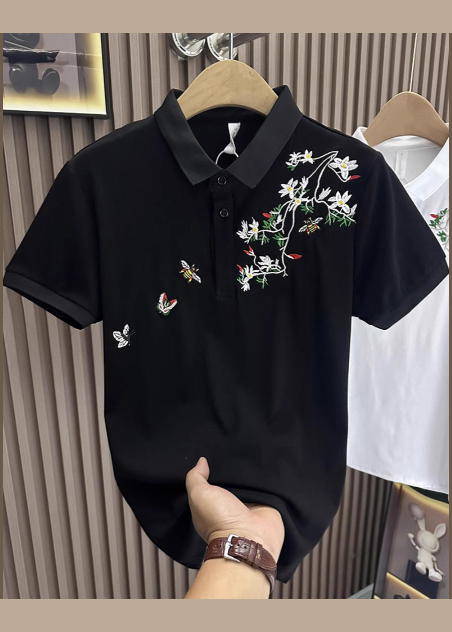 Black Polo Embroideried Summer Shirts Mens Cotton Button FashionChic