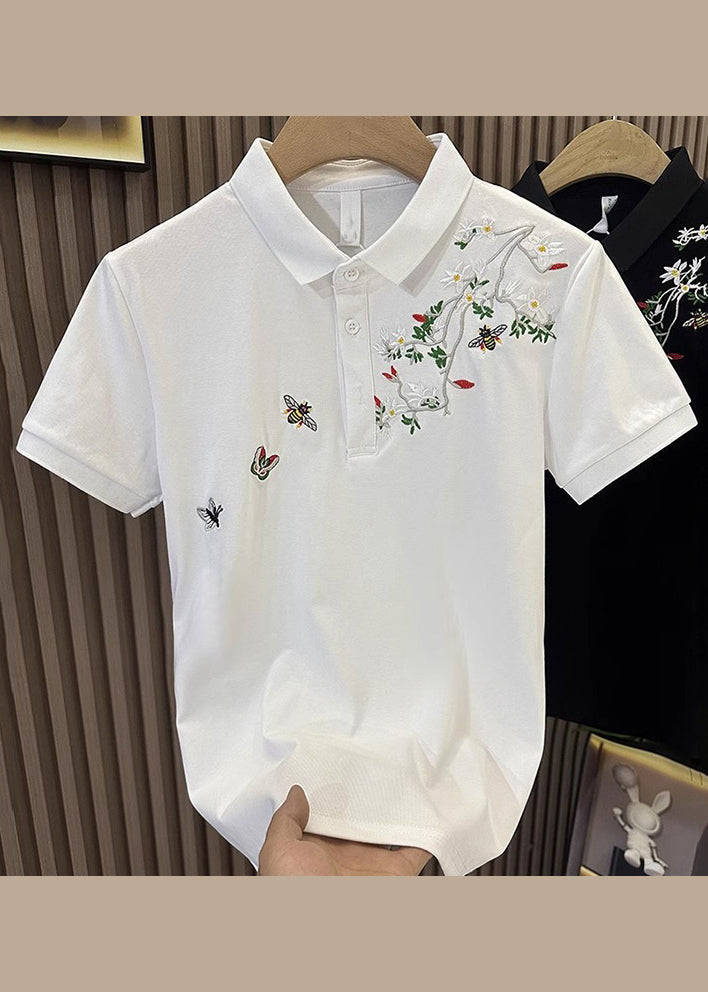 Black Polo Embroideried Summer Shirts Mens Cotton Button FashionChic