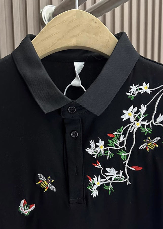 Black Polo Embroideried Summer Shirts Mens Cotton Button FashionChic