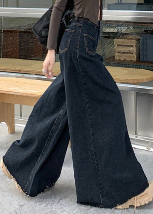 Black Button Denim Wide Leg Pants High Waist PP027 OM-NZ240827