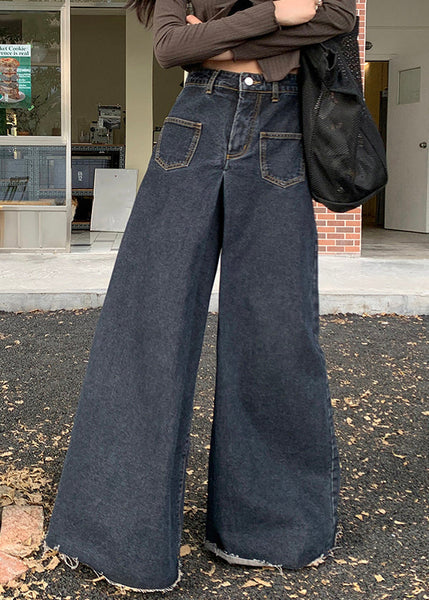 Black Button Denim Wide Leg Pants High Waist PP027 OM-NZ240827