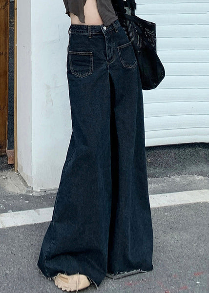 Black Button Denim Wide Leg Pants High Waist PP027 OM-NZ240827