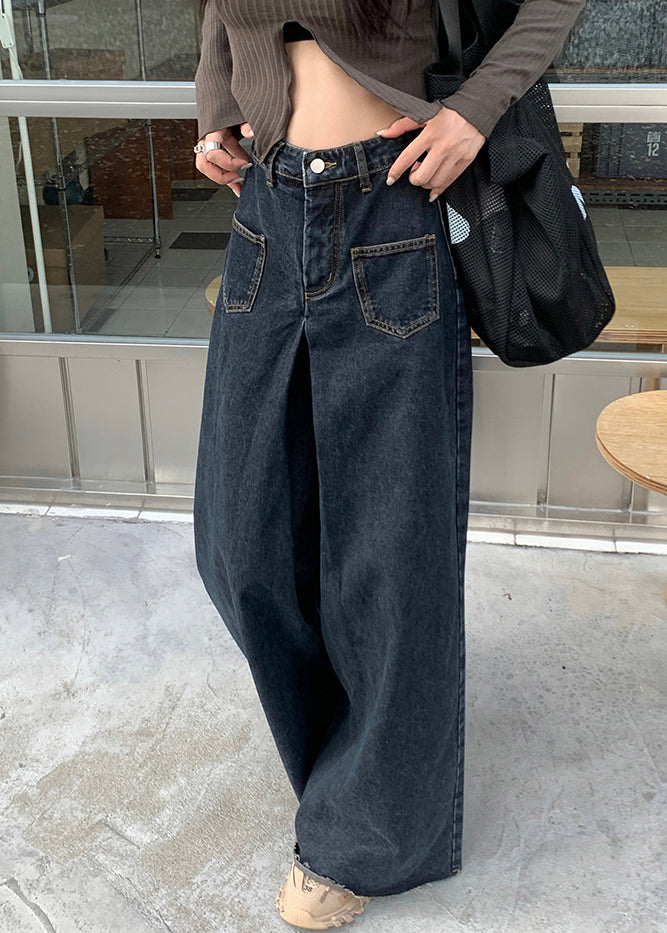 Black Button Denim Wide Leg Pants High Waist PP027 OM-NZ240827