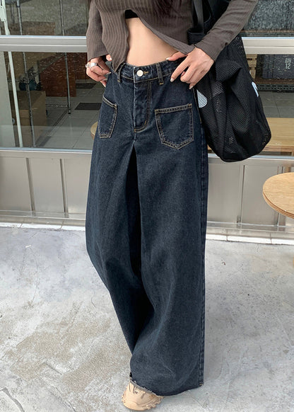 Black Button Denim Wide Leg Pants High Waist PP027 OM-NZ240827