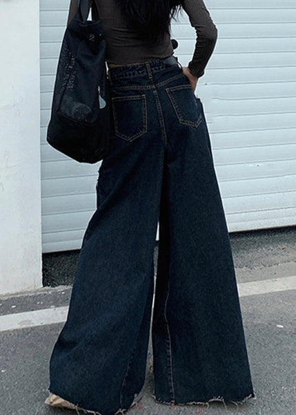 Black Button Denim Wide Leg Pants High Waist PP027 OM-NZ240827