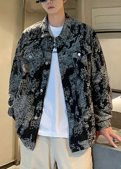 Black Button Fall Mens Coats Peter Pan Collar WA027 MENC241110