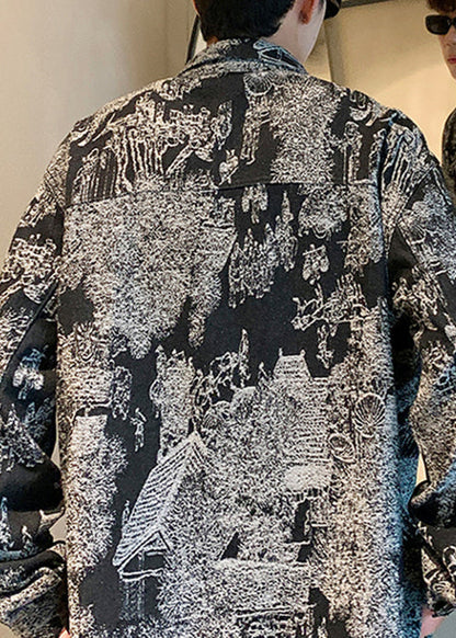 Black Button Fall Mens Coats Peter Pan Collar WA027 MENC241110