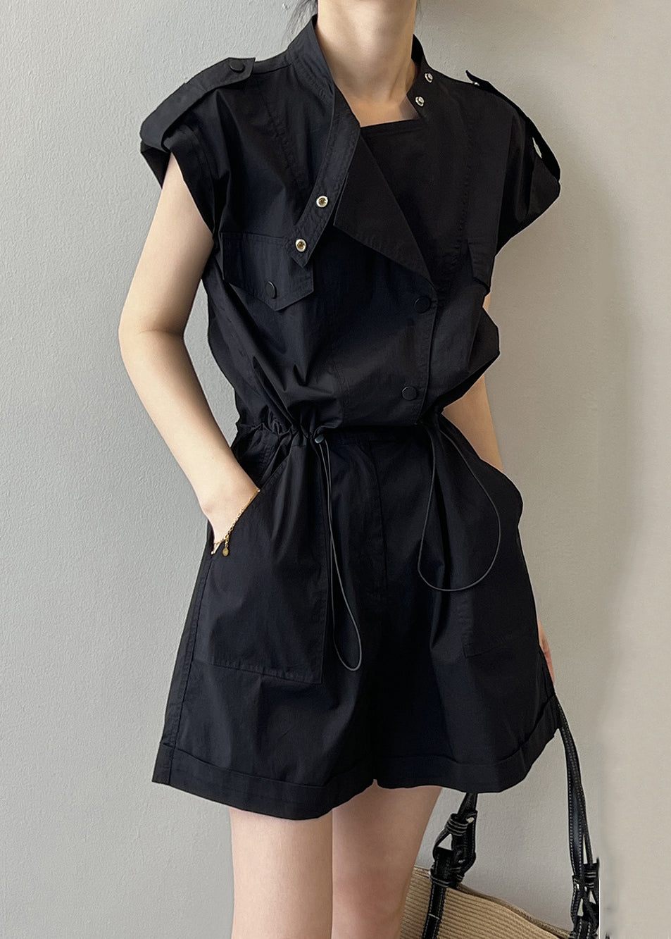 Black Button Linen Jumpsuits High Waist Short Sleeve QE007 MZF-JPTS240927