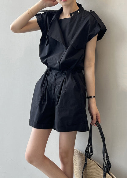 Black Button Linen Jumpsuits High Waist Short Sleeve QE007 MZF-JPTS240927