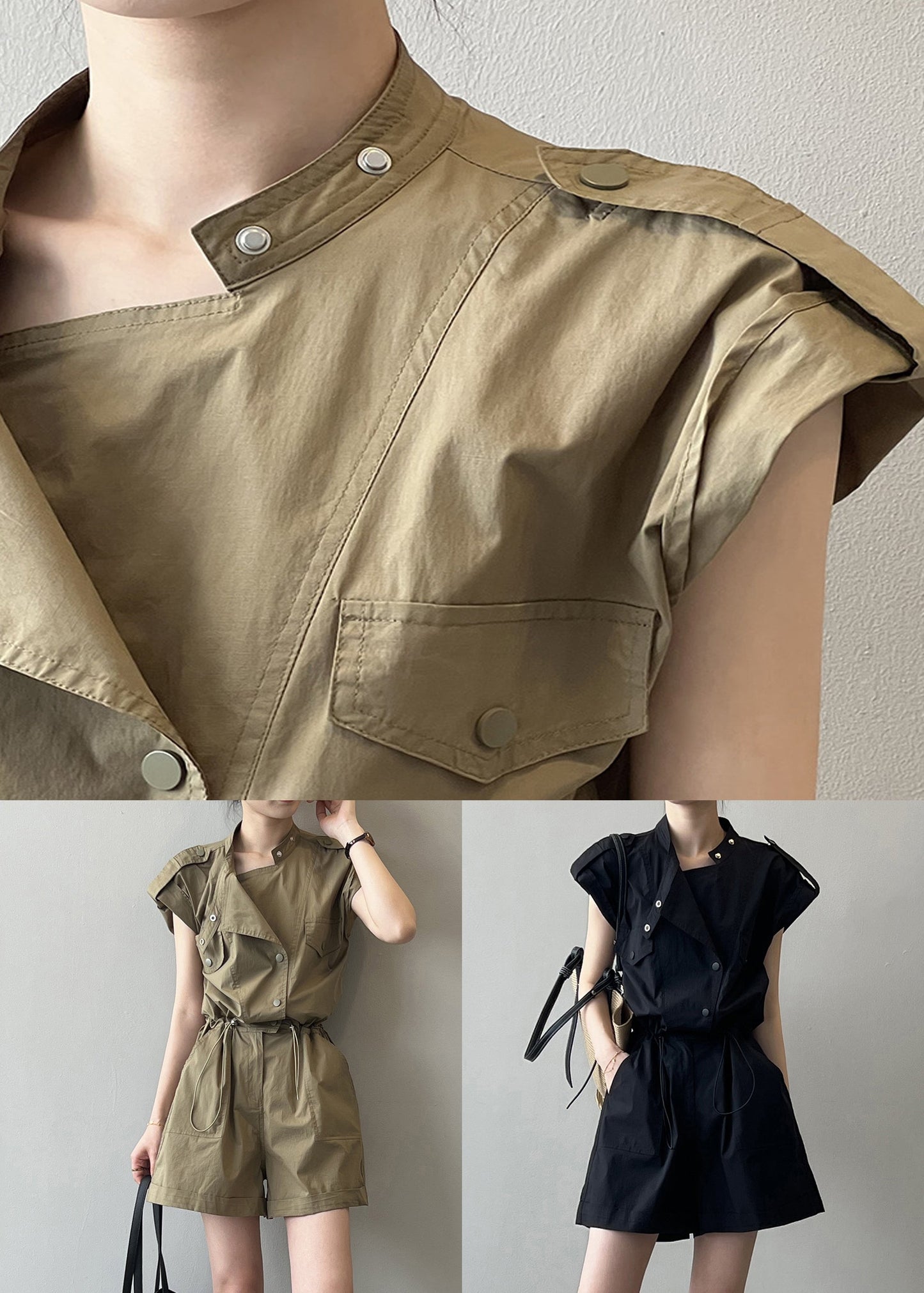 Black Button Linen Jumpsuits High Waist Short Sleeve QE007 MZF-JPTS240927