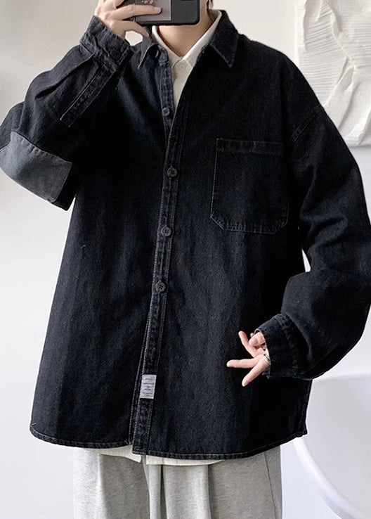 Button Pan Spring Shirts Collar Loose Men Denim Peter Black FashionChic